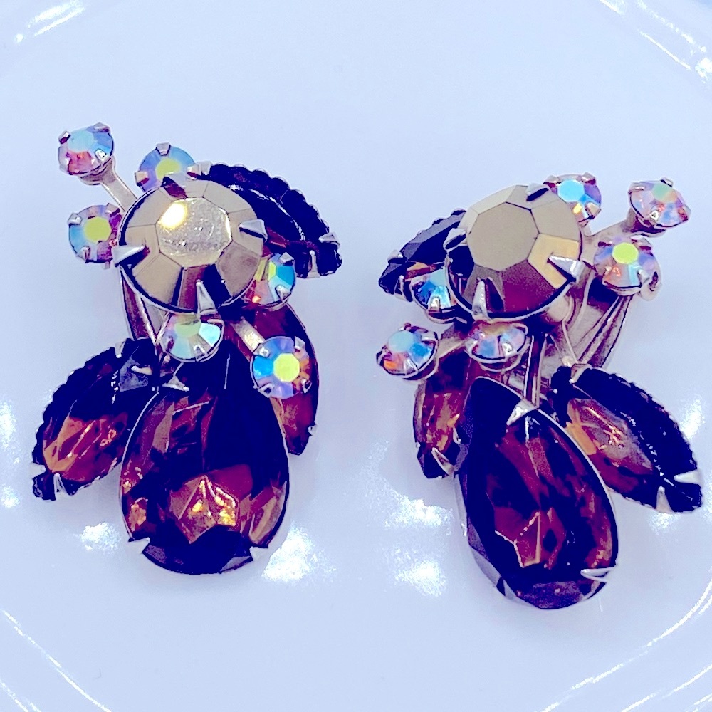 Vintage Earrings Aurora Borealis And Root Beer Color Rhinestone Clip On